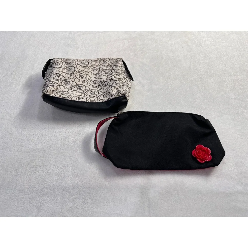 Lancome Paris Cosmetic Bag Set Black Red Rose Wristlet & Floral Canvas Pouch